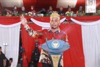 FOTO: Gubernur Provinsi Kalteng H Sugianto Sabran saat menyampaikan sambutan pada pembukaan FBIM dan Festival Kuliner Nusantara Tahun 2024, di Halaman Gor Indoor Serbaguna. (FOTO: IST)