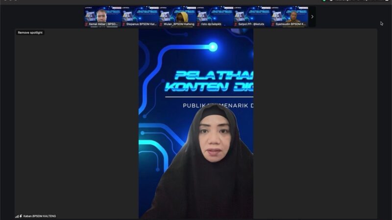MEMBUKA : Kepala BPSDM Provinsi Kalteng Rahmawati saat membuka Pelatihan Pembuatan Konten Digital Kekinian Publikasi Menarik dengan Sentuhan Avatar secara virtual melalui platform Zoom Meeting, Senin, (3/2).(IST)