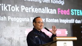 SAMBUTAN : Kepala Badan Pengembangan Sumber Daya Manusia Kemkomdigi, Bonifasius Wahyu Pudjianto, saat menyampaikan sambutannya pada acara soft launching STEM Feed dengan TikTok Indonesia di Hotel Shangri-La, Jakarta, Rabu (5/3).(IST/komdigi)