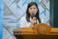 SAMBUTAN : Menteri Komunikasi dan Informatika, Meutya Hafid saat memberikan sambutan acara Serah Terima Jabatan Dewan Pers masa bakti 2022–2025 kepada kepengurusan baru periode 2025–2028 di Gedung Dewan Pers, Jakarta, Rabu (14/5).(IST)