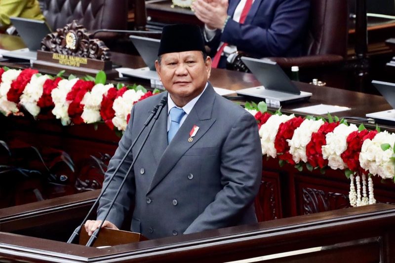 PIDATO : Presiden RI Prabowo Subianto saat menyampaikan pidato kenegaraan perdananya di sidang tahunan MPR-DPR, Jumat (15/8/2025).(IST)