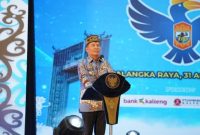 SAMBUTAN : Gubernur Kalteng H. Agustiar Sabran menyampaikan sambutannya saat melantik DPD KNPI Kalteng di Aula Jayang Tingang, Kantor Gubernur Kalteng, Minggu (31/8/2025).(IST)