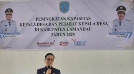 PAPARAN : Diskominfostandi Lamandau Herwinson saat melaksanakan pemaparan materi tentang keterbukaan informasi kepada sejumlah kepada desa, belum lama ini.(IST)