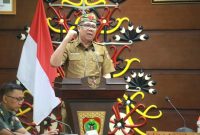 SAMBUTAN : Staf Ahli Gubernur Bidang Pemerintahan, Hukum, dan Politik Darliansyah  saat membuka kegiatan Gema Pancasila Tahun 2026 di Aula Eka Hapakat Lantai III Kantor Gubernur Kalimantan Tengah, Senin (2/2/2026).