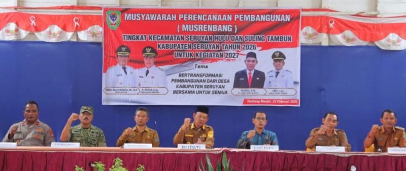MUSREMBANG : Bupati Seruyan, Ahmad Selanorwanda, secara resmi membuka Musrenbang tingkat Kecamatan Seruyan Hulu dan Kecamatan Suling Tambun Tahun 2026 yang dilaksanakan di Tumbang Manjul, Senin (23/2/2026).