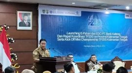SAMBUTAN : Wakil Gubernur Kalteng, H Edy Pratowo saat memberikan launching E-PAHARI, Senin (9/3/2026).