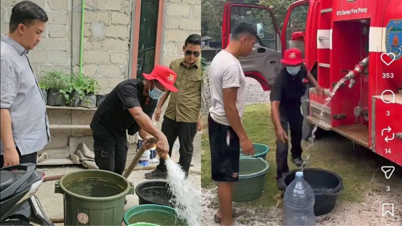 DISTRIBUSIKAN : Bupati Lamandau Rizky Aditya Putra turun langsung memantau proses distribusi air bersih kepada warga, belum lama ini.